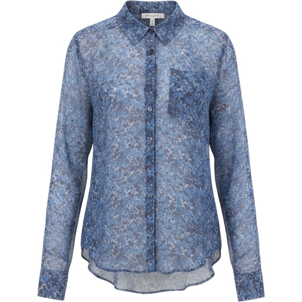 Free People Blue Floral Sheer High Low Button Down Blouse Top Womens M